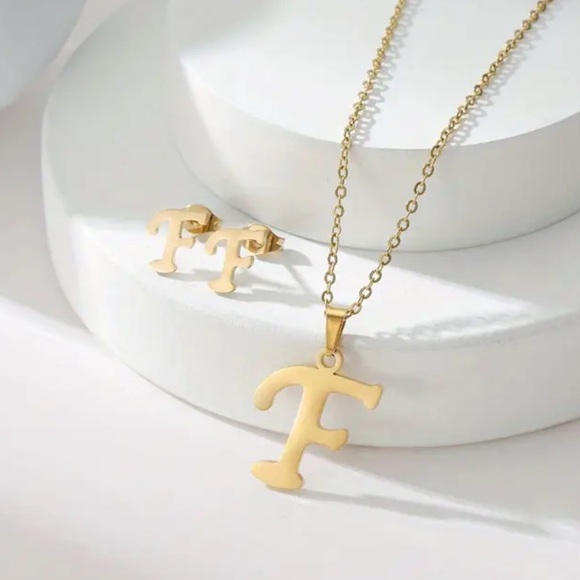 Gold Initial Pendant Necklace & Earrings Set - Picture 5 of 5